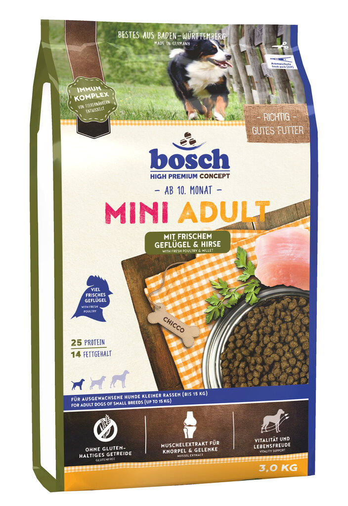 Sausā barība Bosch Petfood Mini Adult Poultry & Millet (High Premium) 3kg цена и информация | Sausā barība suņiem | 220.lv