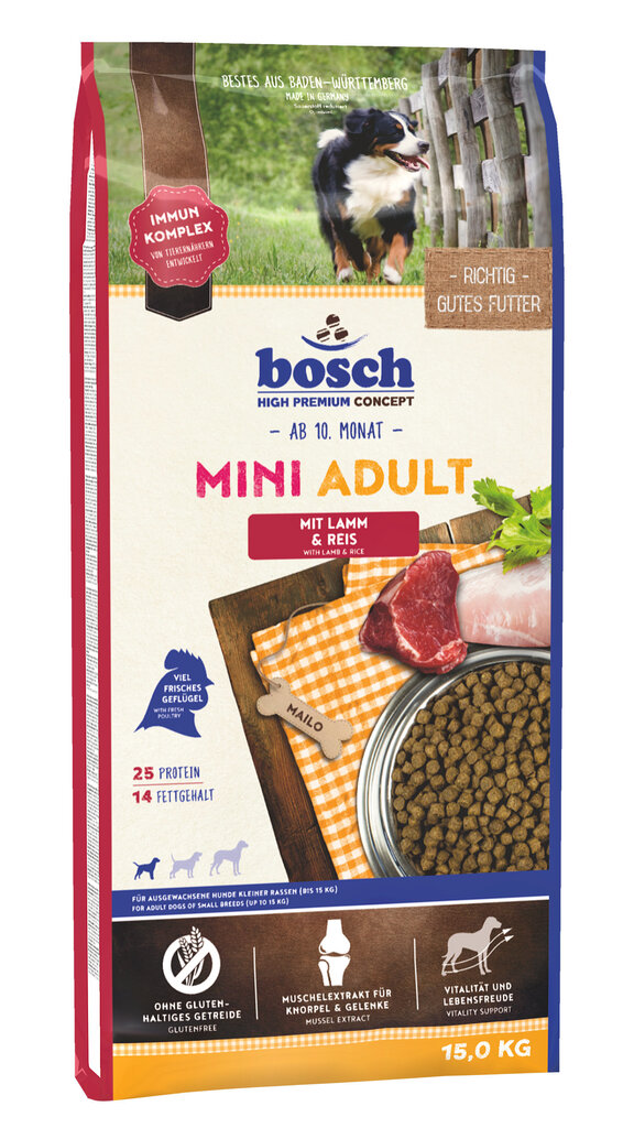 Sausā barība Bosch Petfood Mini Adult Lamb & Rice (jērs un rīsi) 15 kg cena un informācija | Sausā barība suņiem | 220.lv