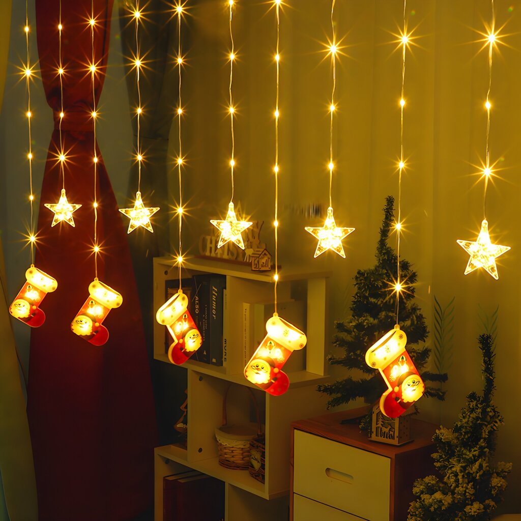 Ziemassvētku lampiņas ar 5 zābaku rotājumiem un 5 zvaigznēm, 3m, 90 LED, LIVMAN XY-012 цена и информация | Ziemassvētku lampiņas, LED virtenes | 220.lv