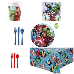 "Avengers" комплект одноразовой посуды на 16 персон со скатертью и приборами цена и информация | Праздничная одноразовая посуда | 220.lv