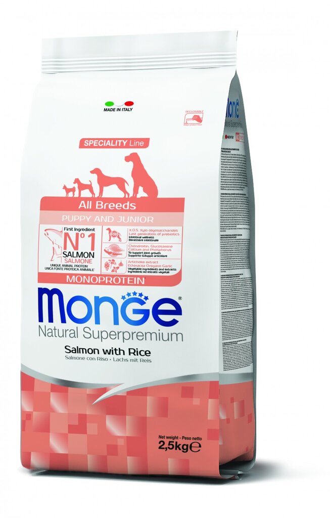 Monge Dry Dog Special Line visu šķirņu jauniem kucēniem ar lasi un rīsiem, 2,5 kg цена и информация | Sausā barība suņiem | 220.lv