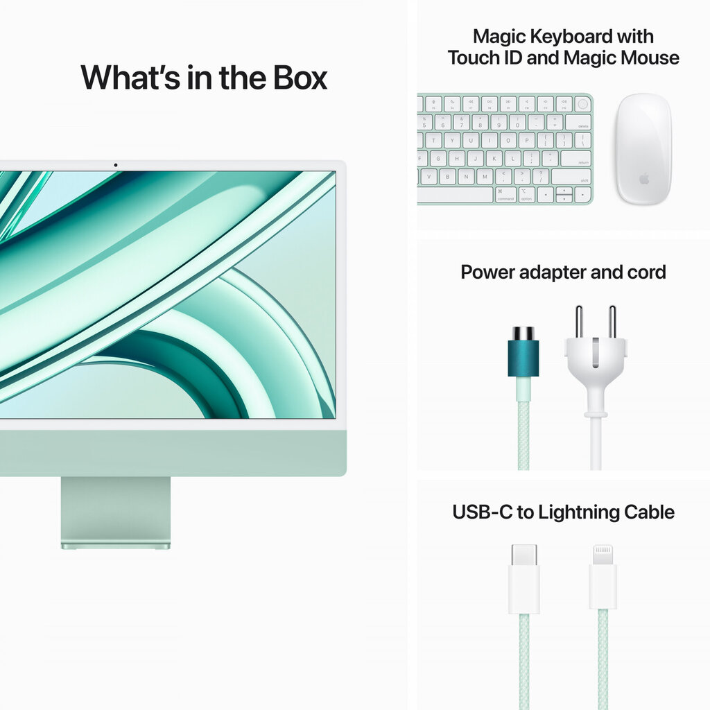 iMac 24” 4.5K Retina, Apple M3 8C CPU, 8C GPU/8GB/256GB SSD/Green/SWE - MQRA3KS/A cena un informācija | Stacionārie datori | 220.lv