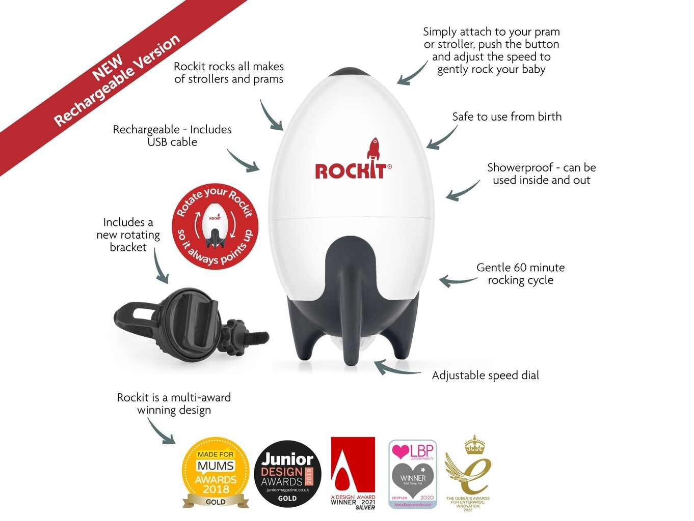 Rockit Rocker bērnu ratiņu šūpotājs ar uzlādējamu litija akumulatoru cena un informācija | Aksesuāri bērnu ratiem | 220.lv