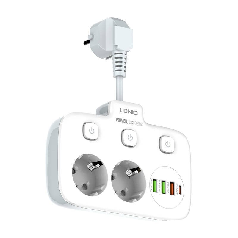 Pagarinātājs ar 2 ligzdām, 3x USB, USB-C, LDNIO SE2435, 2500W (balts) cena un informācija | Pagarinātāji | 220.lv