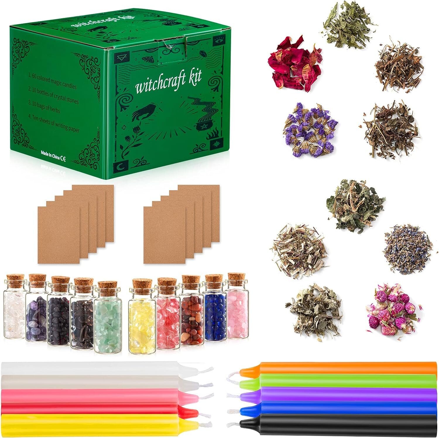 CraftMystic Witchcraft Supplies Box for Witch Spells – 36 Kit Mini Crystals  Jars Dried Herbs and Colored
