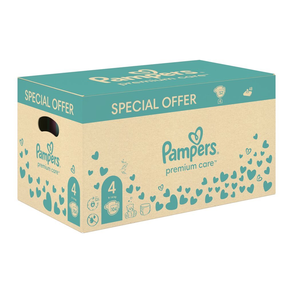 Autiņbiksītes Pampers Premium Care, 4. Izmērs, 9–14 Kg, 104gab. cena un informācija | Autiņbiksītes | 220.lv