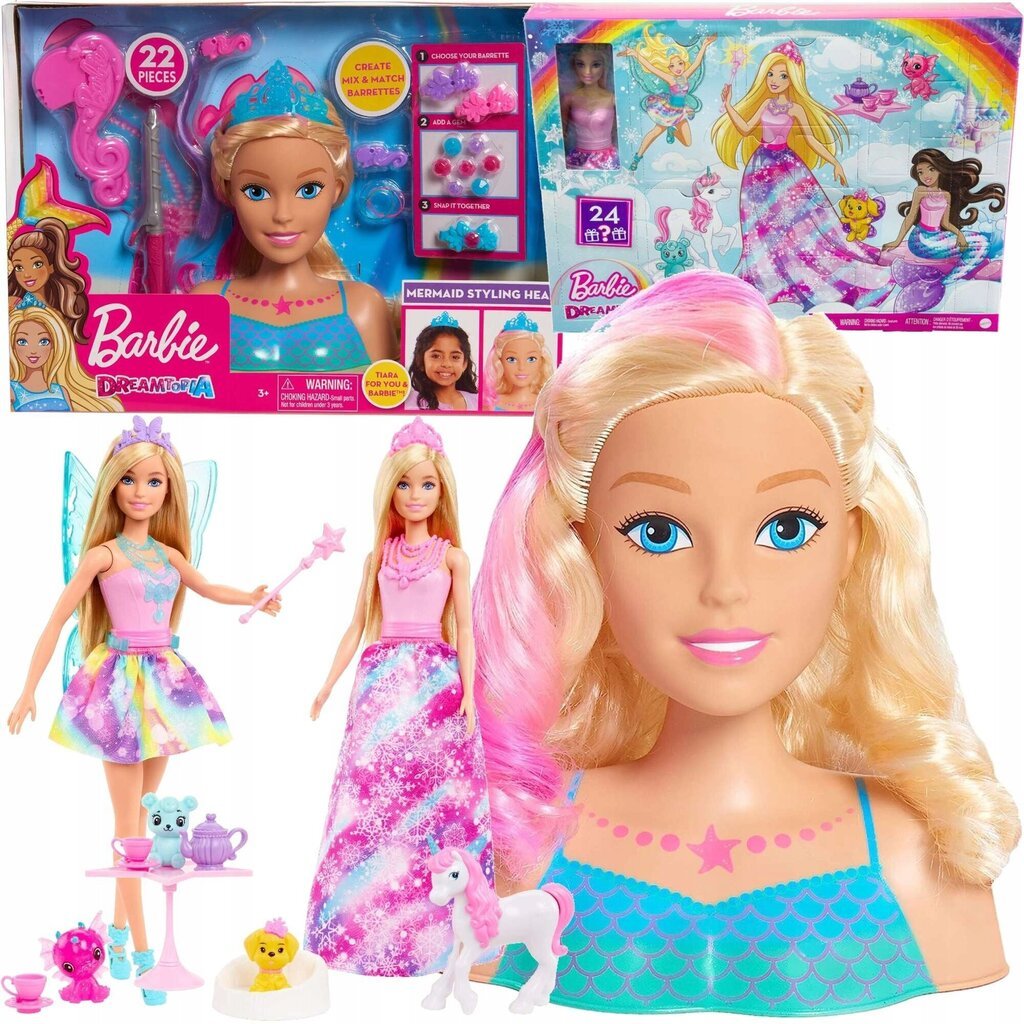 Adventes kalendārs Barbie Dreamtopia/Styling Head Barbie cena un informācija | Rotaļlietas meitenēm | 220.lv