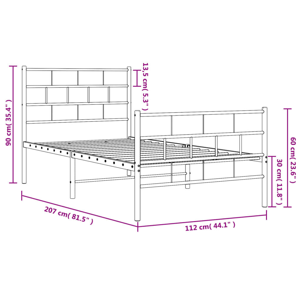 Gultas rāmis ar galvgali un kājgali vidaXL, 107x203 cm, melns cena un informācija | Gultas | 220.lv