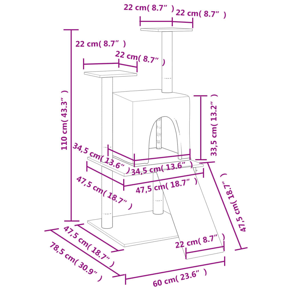 vidaXL kaķu māja ar sizala stabiem nagu asināšanai, 110 cm, krēmkrāsas cena un informācija | Kaķu mājas, nagu asināmie | 220.lv
