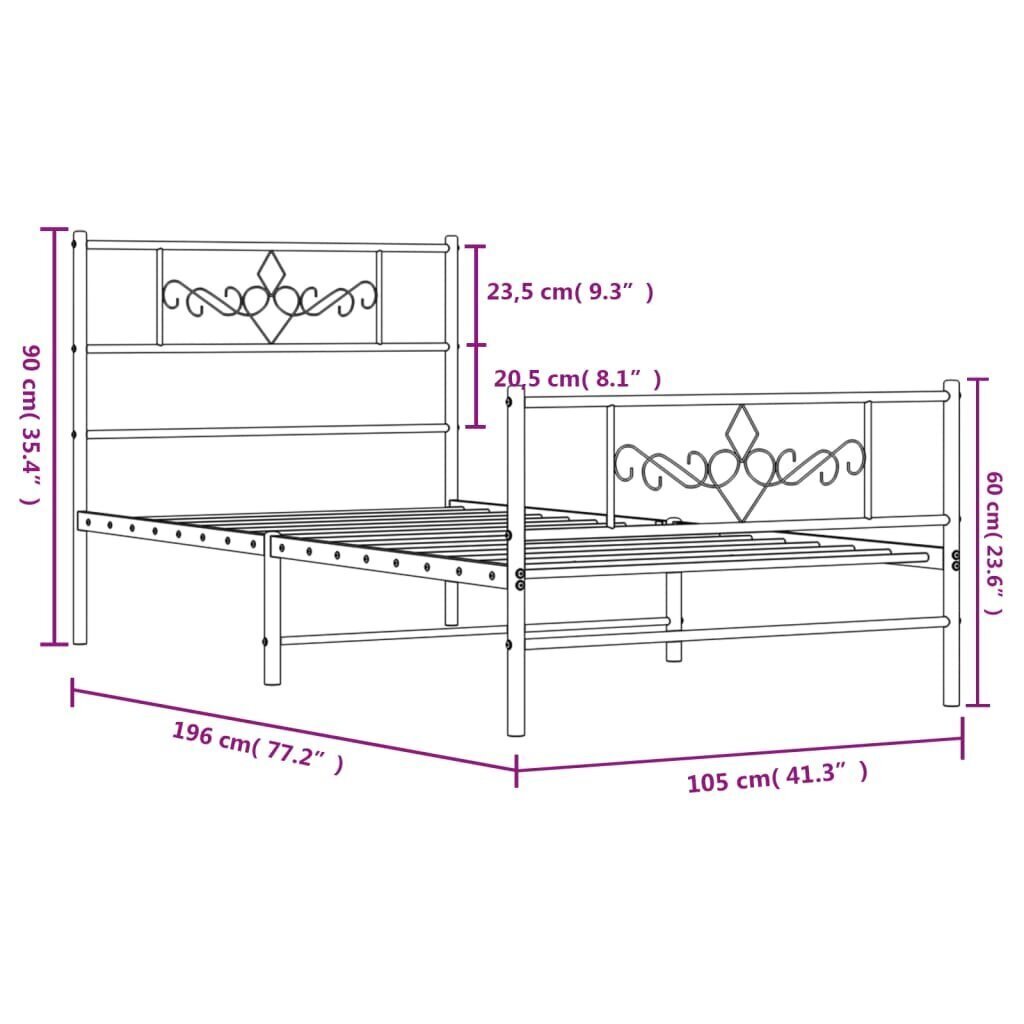 Gultas rāmis ar galvgali un kājgali vidaXL, 100x190 cm, melns cena un informācija | Gultas | 220.lv