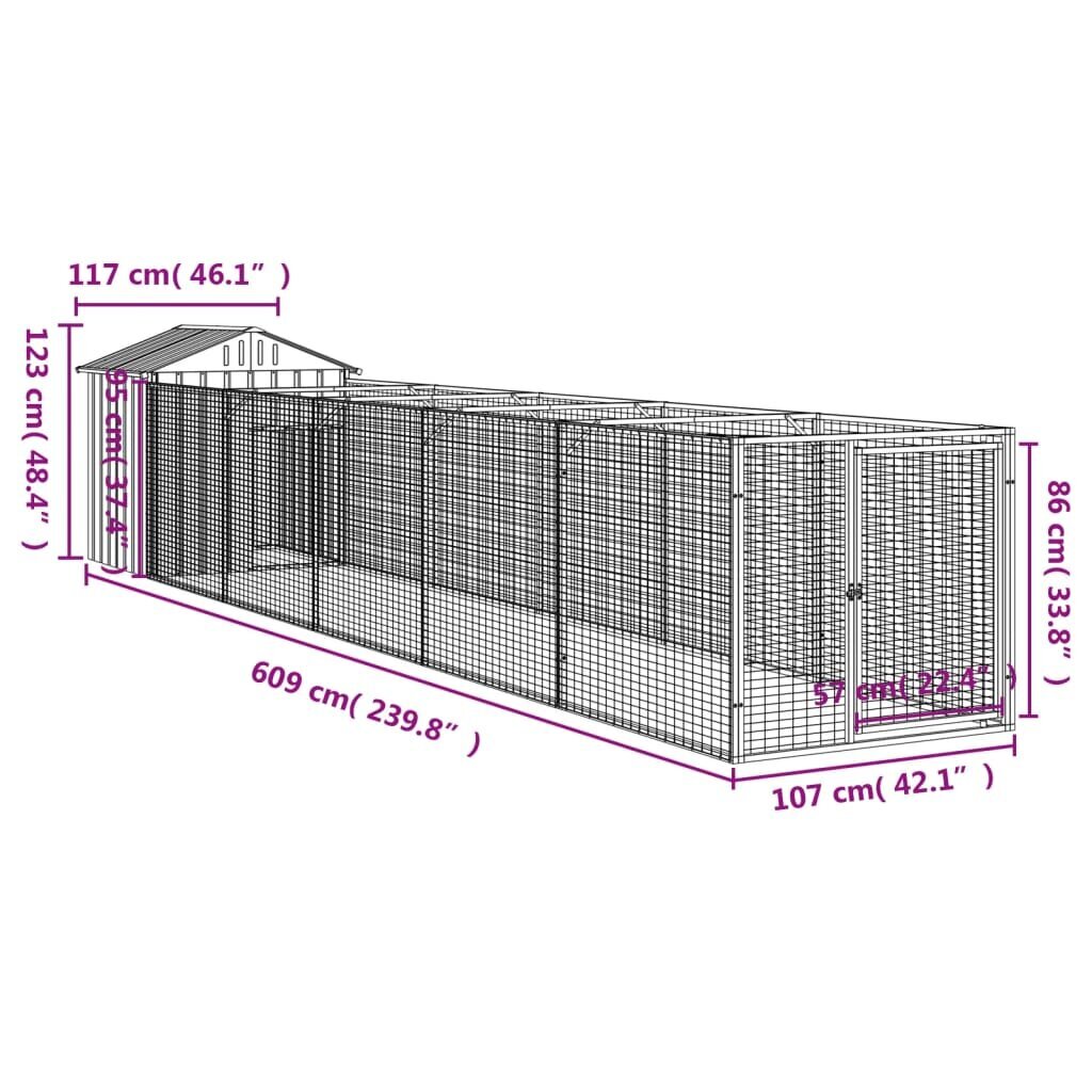 vidaXL suņu būda ar jumtu, 117x609x123 cm, cinkots tērauds, pelēka cena un informācija | Suņu gultas, spilveni, būdas | 220.lv