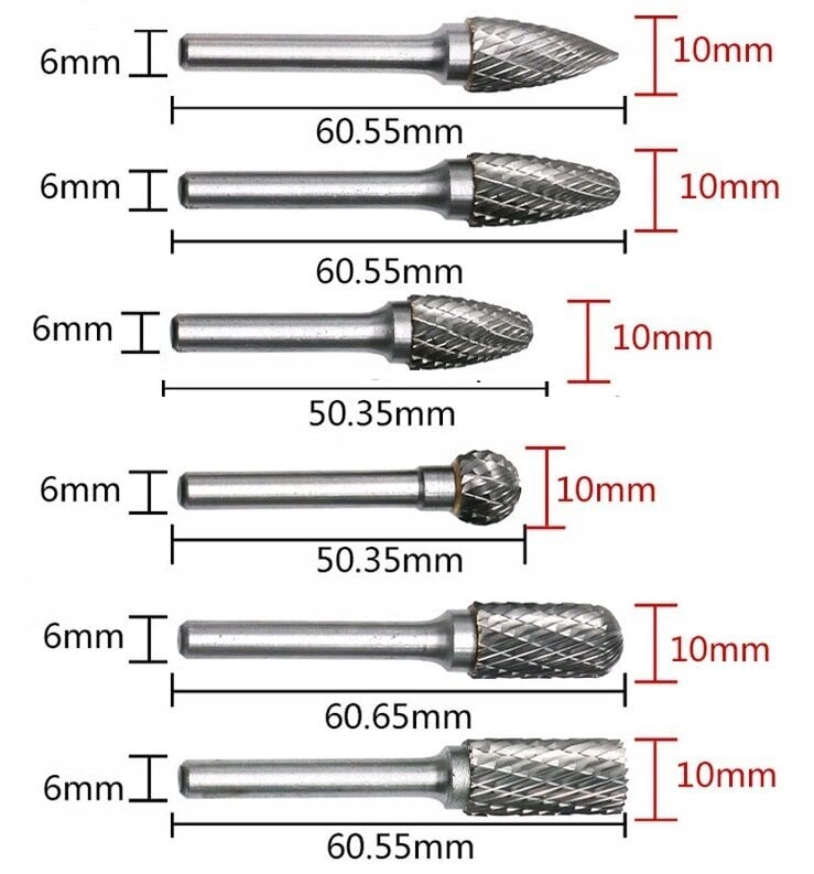 ZAXER Frēze metālam 6x10mm 6 gab. cena un informācija | Rokas instrumenti | 220.lv