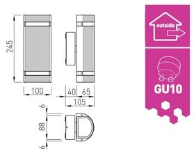 Sienas lampa SILVA, GU10, MAX. 50W, IP54, AC220-240V, 50/60Hz, melns, GTV cena un informācija | Āra apgaismojums | 220.lv