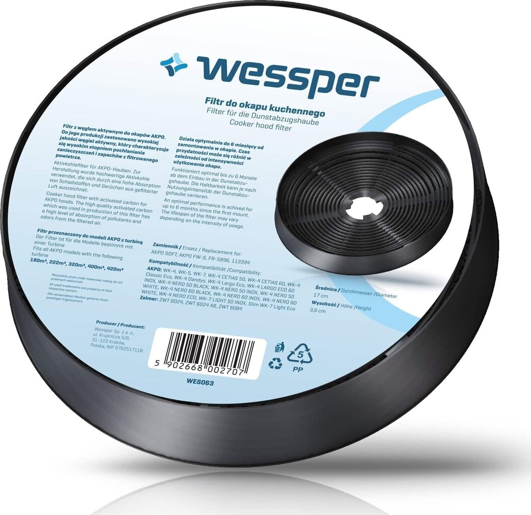Wessper aktīvās ogles filtrs FW-S 1 gab. цена и информация | Tvaika nosūcēju filtri | 220.lv