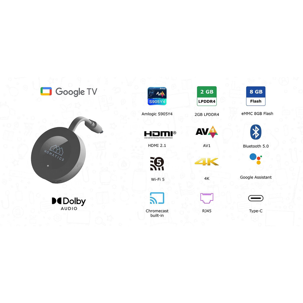 Homatics Dongle G 4K Google TV Smart TV Android cena un informācija | TV uztvērēji | 220.lv