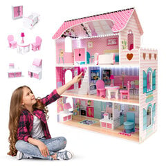 Деревянный 3-этажный кукольный домик с мебелью цена и информация | Игрушки для девочек | 220.lv