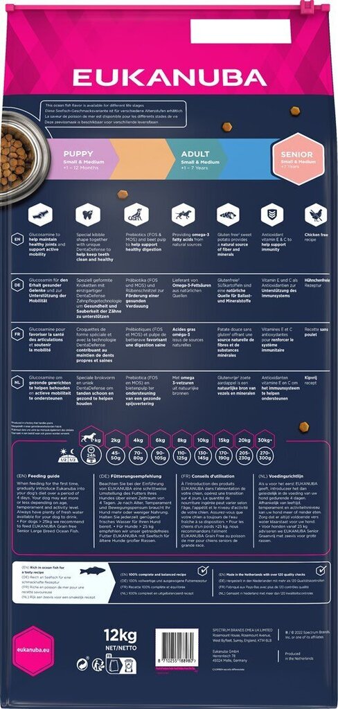 Eukanuba Senior mazo un vidējo šķirņu suņiem ar zivīm, 12 kg cena un informācija | Sausā barība suņiem | 220.lv