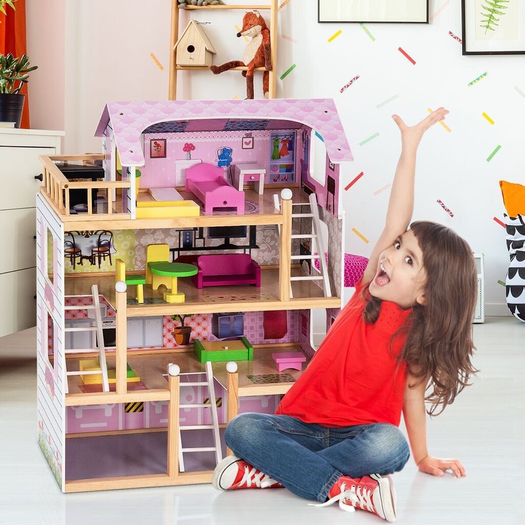 4 līmeņu leļļu namiņš ar koka mēbelēm, 60,5x29,5x81 cm cena un informācija | Rotaļlietas meitenēm | 220.lv