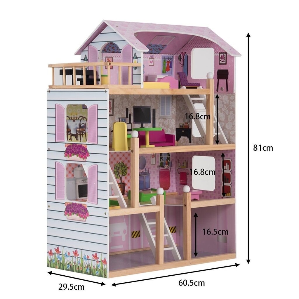 4 līmeņu leļļu namiņš ar koka mēbelēm, 60,5x29,5x81 cm cena un informācija | Rotaļlietas meitenēm | 220.lv