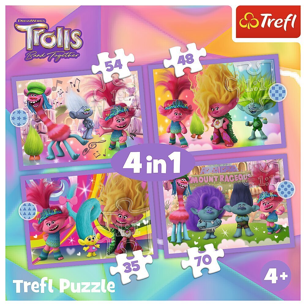 TREFL TROLLS Pužļu komplekts 4in1 Troļļi 3 cena un informācija | Puzles, 3D puzles | 220.lv