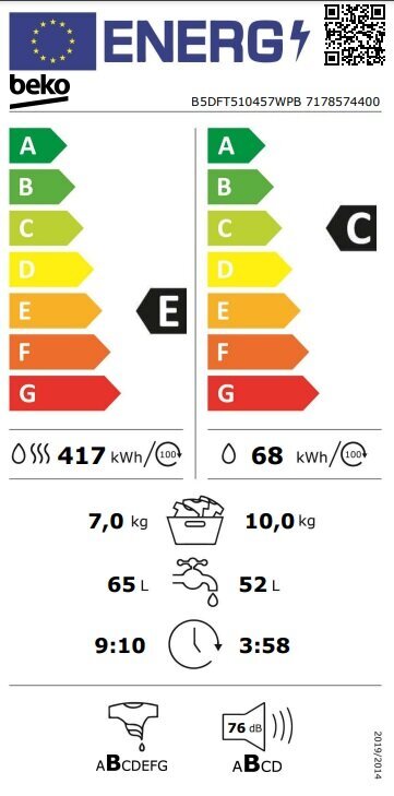 Beko B5DFT510457WPB cena un informācija | Veļas mašīnas | 220.lv