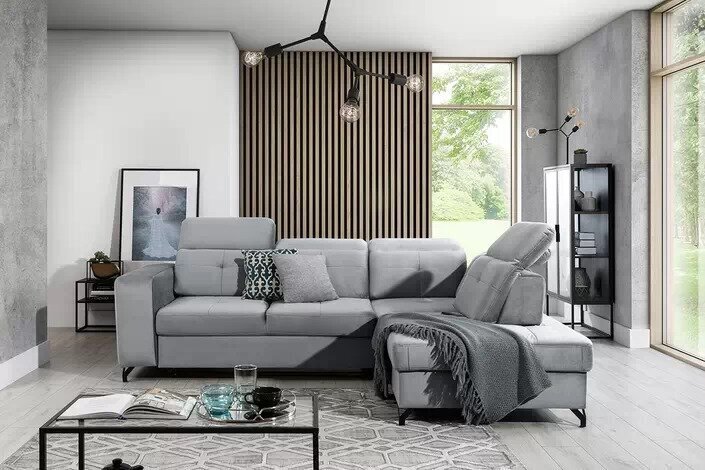 Labās puses stūra dīvāns Bogart Belavio, pelēks cena un informācija | Stūra dīvāni | 220.lv