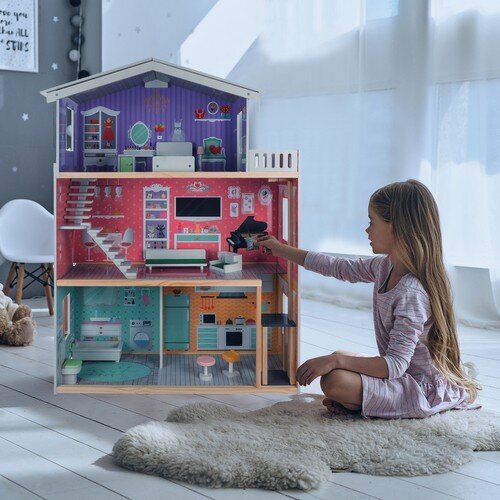 Liela koka leļļu māja ar mēbelēm, 114 cm цена и информация | Rotaļlietas meitenēm | 220.lv