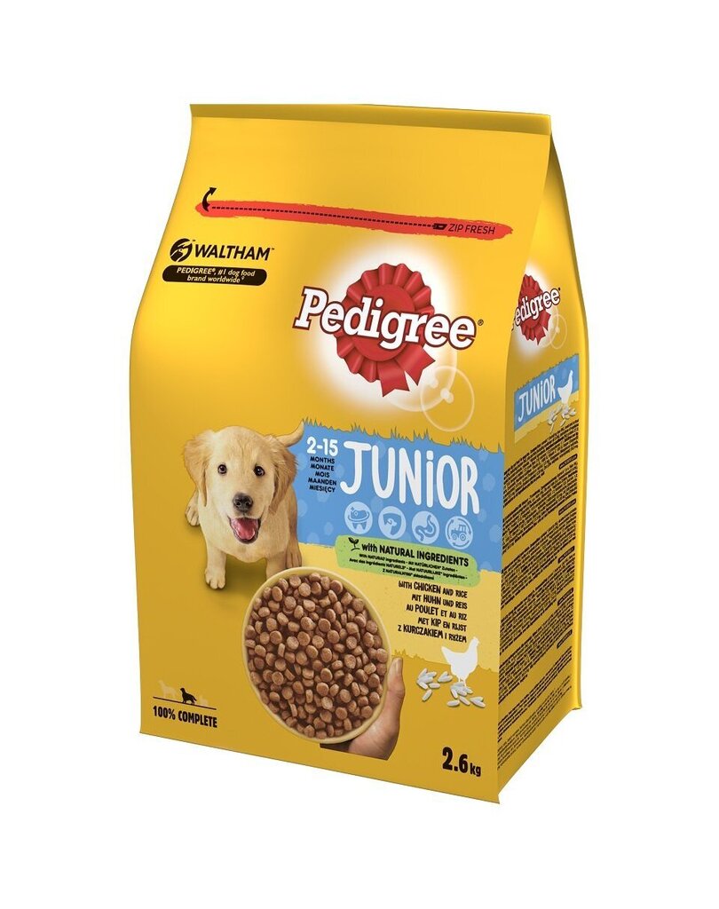 Pedigree Junior ar vistas gaļu un rīsiem, 3x2,6 kg cena un informācija | Sausā barība suņiem | 220.lv