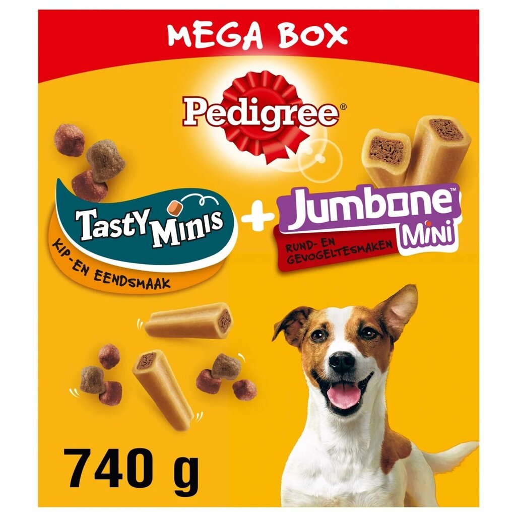 Pedigree Mega Box Tasty Minis ar vistas, liellopu un mājputnu gaļu, 740 g cena un informācija | Gardumi suņiem | 220.lv