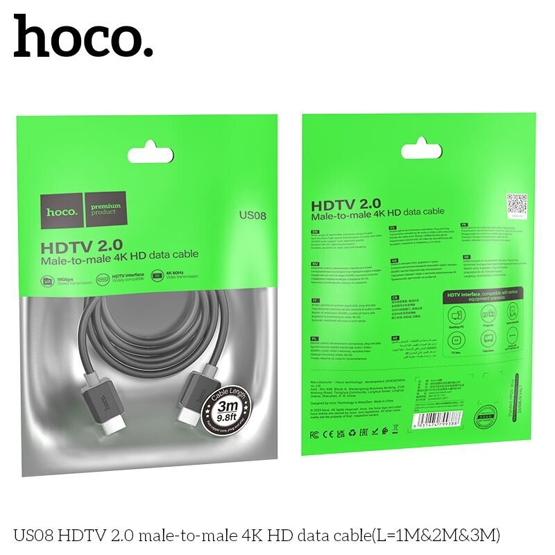 Hoco US08 HDMI2.0 4K HD 3M цена и информация | Kabeļi un vadi | 220.lv