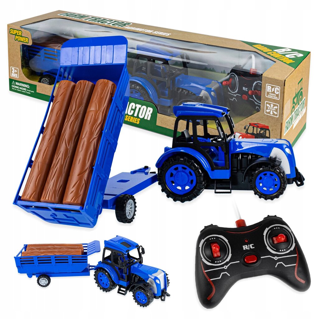 Tālvadības pults vadāms traktors, piekabe, zils цена и информация | Rotaļlietas zēniem | 220.lv