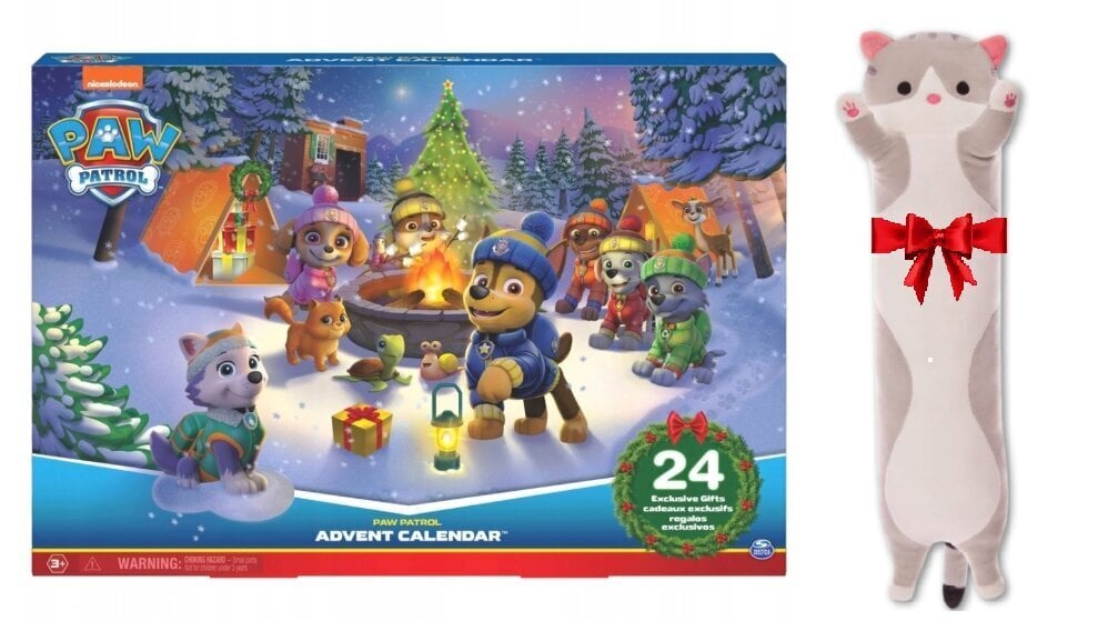 Adventes kalendārs Paw Patrol un dāvanu spilvens Cat, 50 cm cena un informācija | Rotaļlietas zēniem | 220.lv