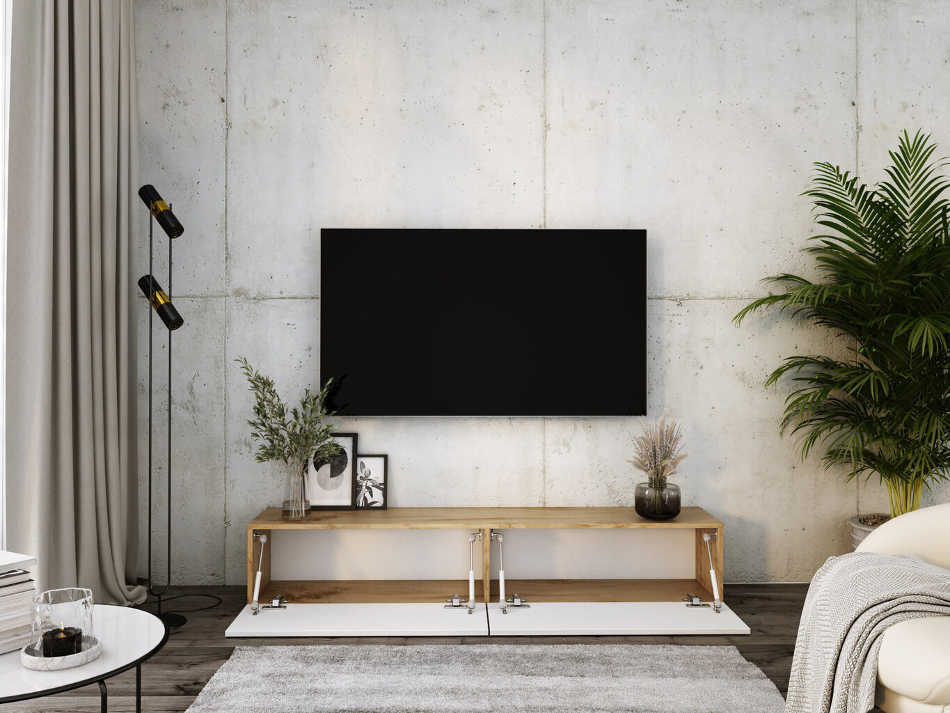 Piekaramais televizora skapis 170 cm Wotan Oak, Gloss White cena un informācija | TV galdiņi | 220.lv