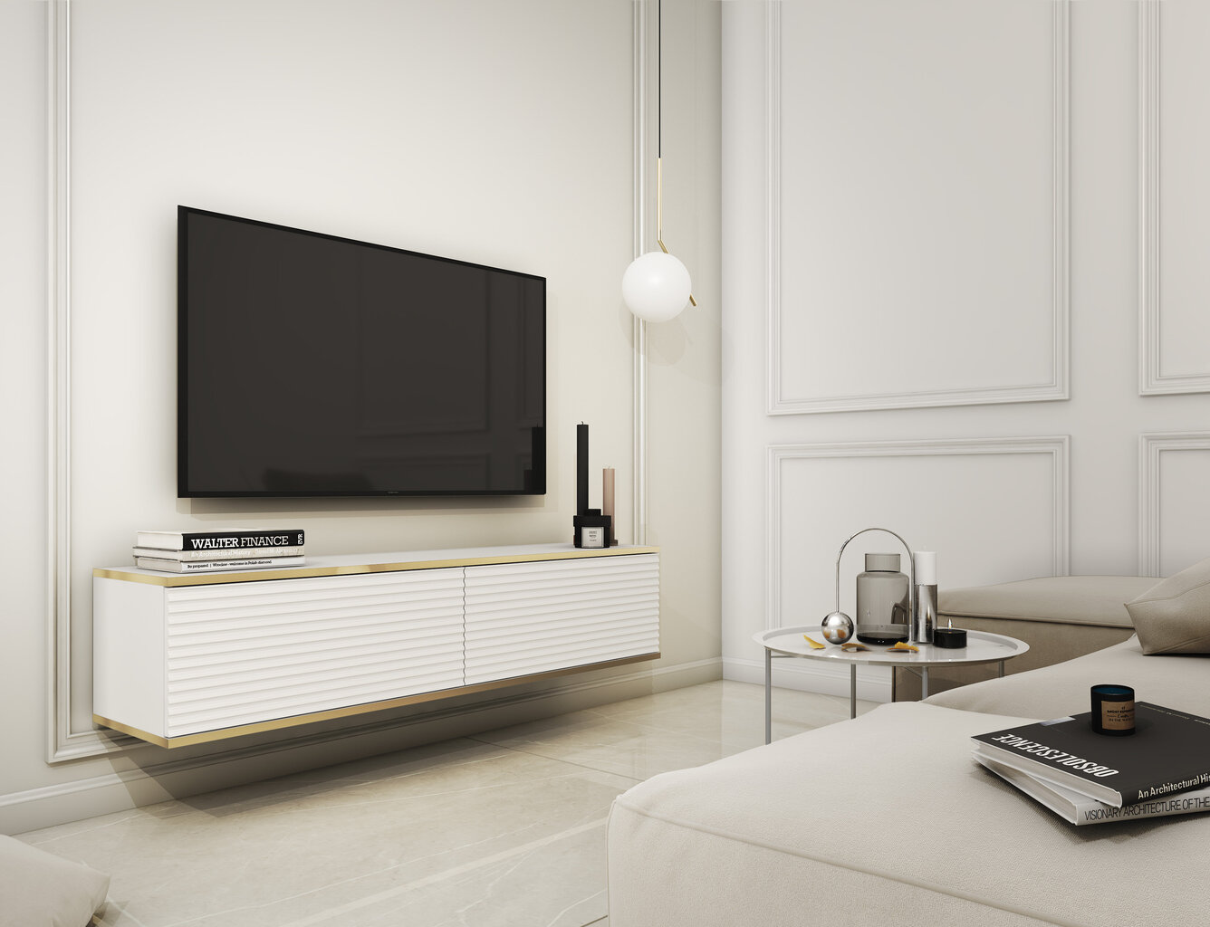 Piekaramais televizora skapis 135 cm, Balts cena un informācija | TV galdiņi | 220.lv
