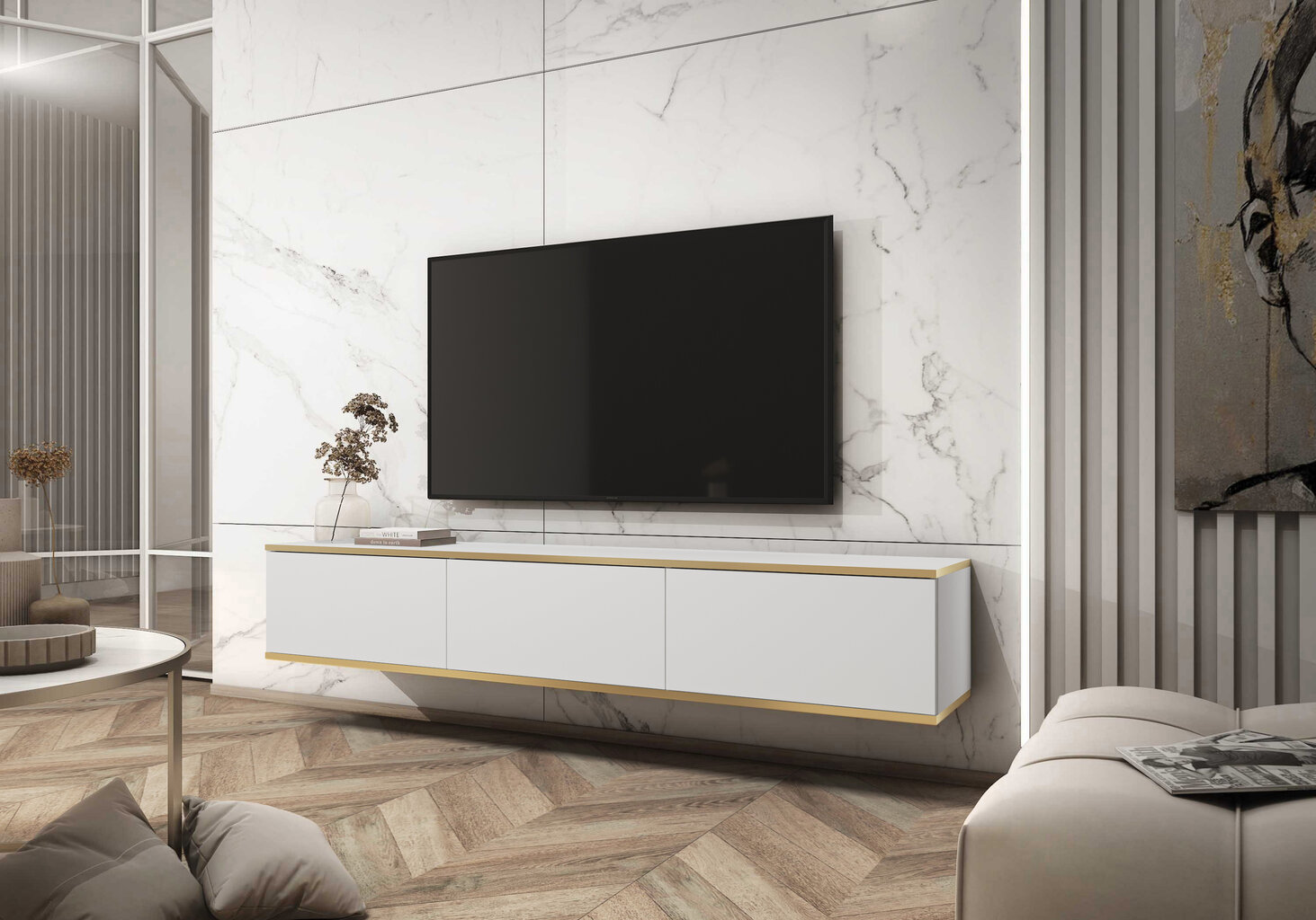 Piekaramais televizora skapis 175 cm, Balts cena un informācija | TV galdiņi | 220.lv