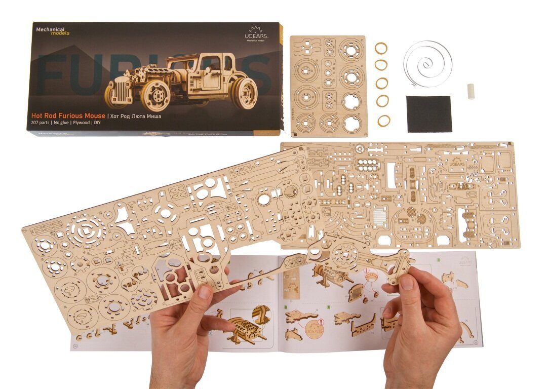 Koka konstruktor Ugears Hot Rod Furious Mouse, 207 gab. cena un informācija | Konstruktori | 220.lv