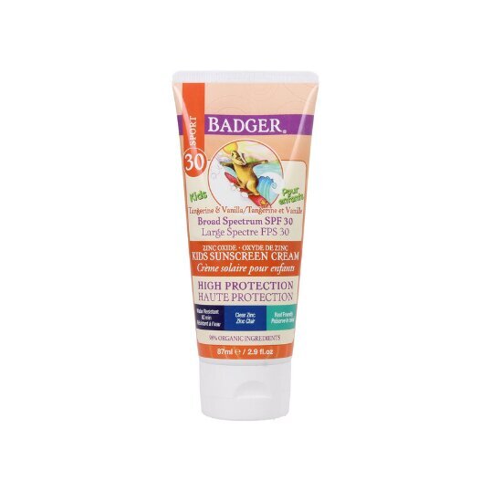 Ūdensizturīgs saules aizsargkrēms ar mandarīnu un vaniļas aromātu un minerālu filtru bērniem Badger Balm SPF30, 87 ml цена и информация | Sauļošanās krēmi | 220.lv