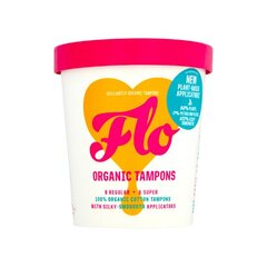 Organiskās kokvilnas tamponi Flo, 95% augu bāzes plastmasas aplikators, 8 gab. iepakojumā un 6 gab. ar superabsorbciju. cena un informācija | Tamponi, higiēniskās paketes, ieliktnīši | 220.lv