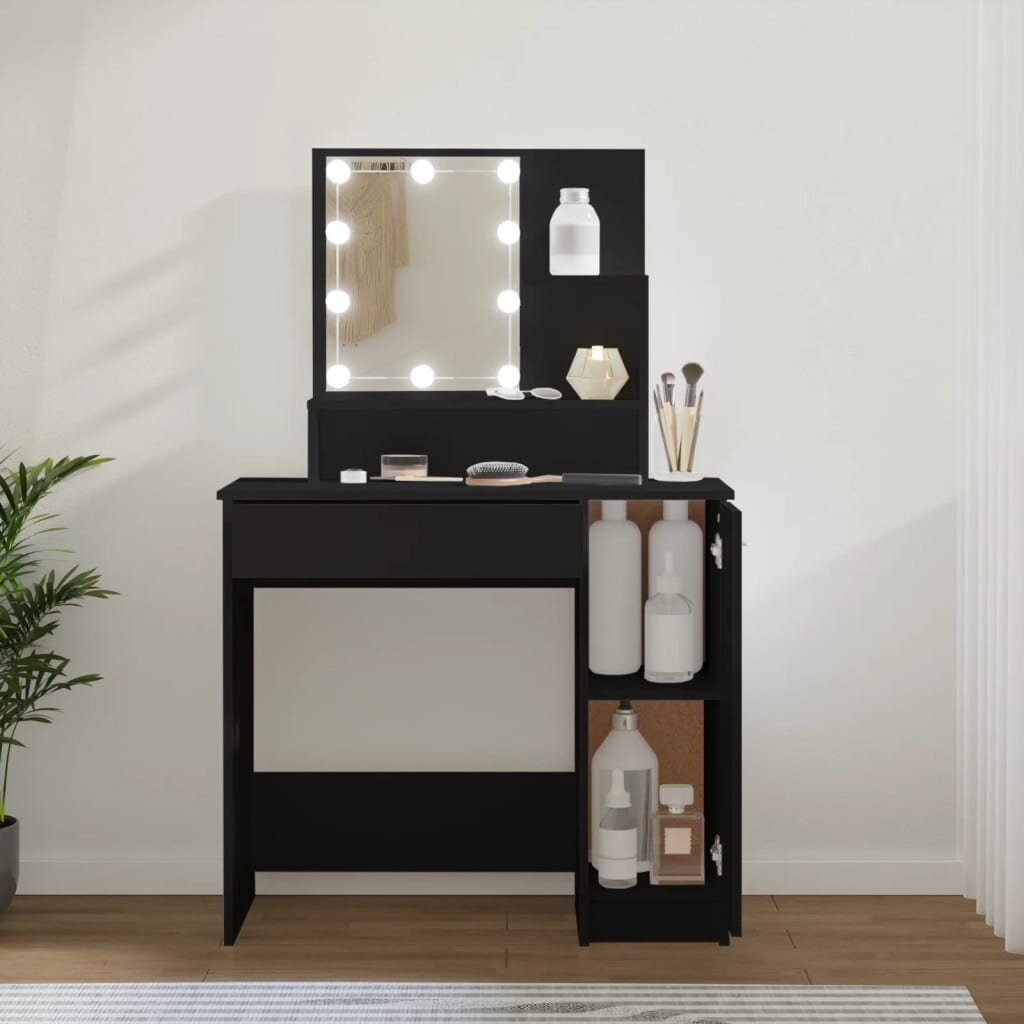 Galdiņš ar spoguli un LED vidaXL, 86,5x35x136 cm, melns cena un informācija | Kosmētikas galdiņi | 220.lv