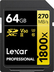 Lexar карта памяти SDXC 64GB Professional 1800x UHS-II U3 V60 цена и информация | Карты памяти для фотоаппаратов | 220.lv