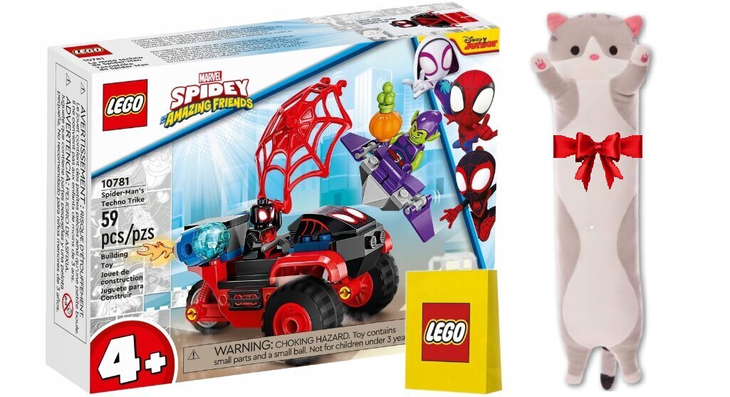 10781 LEGO Super Heroes Tech trīsritenis Zirnekļcilvēks un plīša spilvena kaķis, 50 cm цена и информация | Konstruktori | 220.lv