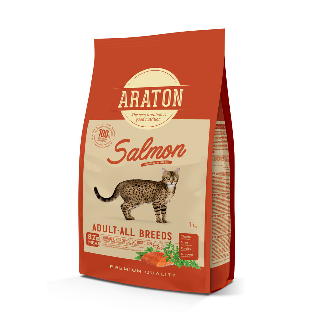 Araton Cat Adult Salmon visu šķirņu pieaugušiem kaķiem ar lasi, 15 kg цена и информация | Sausā barība kaķiem | 220.lv