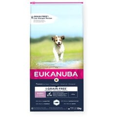 Eukanuba Grain Free Puppy mazu/vidēju šķirņu kucēniem, ar zivīm, 12kg cena un informācija | Sausā barība suņiem | 220.lv