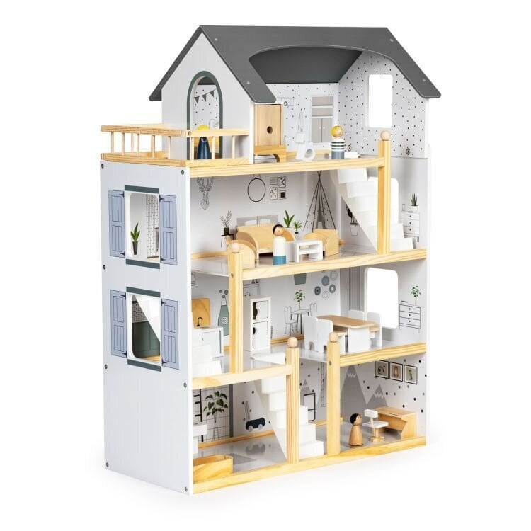 Leļļu namiņš ar 18 koka mēbeļu komplektu Eco Toys W06A392, pelēks cena un informācija | Rotaļlietas meitenēm | 220.lv