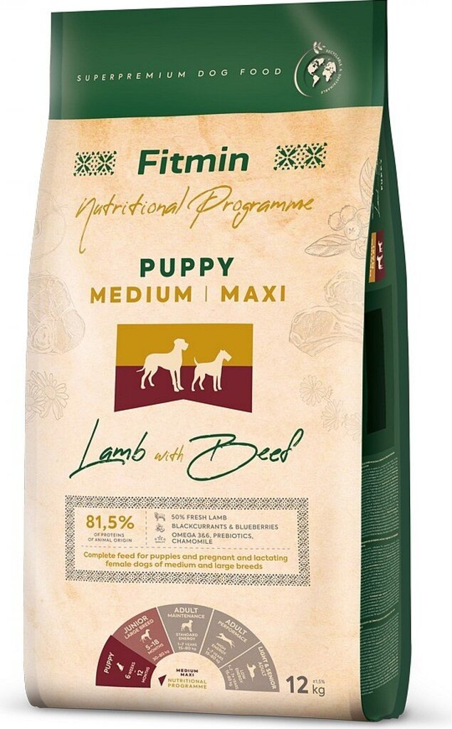 Fitmin Dog Nutritional Programme Medium Maxi Puppy vidēja izmēra šķirņu kucēniem, ar jēra un liellopu gaļu, 12 kg цена и информация | Sausā barība suņiem | 220.lv