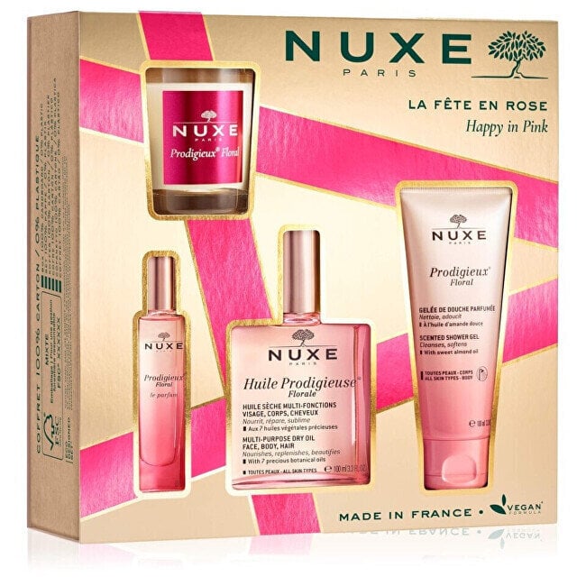Dāvanu komplekts Nuxe Happy In Pink sievietēm: aromātiskais ūdens EDP, 15 ml + dušas želeja, 100 ml + ķermeņa eļļa, 100 ml + aromātiskā svece, 70 g cena un informācija | Sieviešu smaržas | 220.lv