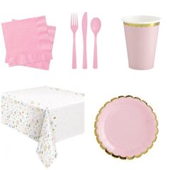  Комплект одноразовой посуды, розовый с золотой коёмочкой, 12 персон цена и информация | Праздничная одноразовая посуда | 220.lv