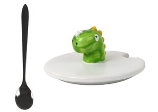 Детская керамическая чашка с ложкой и крышкой, динозавр, синяя цена и информация | Стаканы, фужеры, кувшины | 220.lv