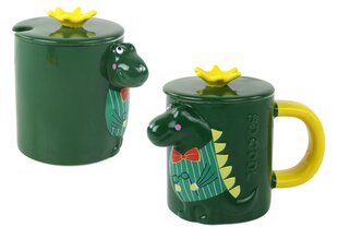 Детская керамическая чашка с ложкой и крышкой, динозавр, зеленая цена и информация | Стаканы, фужеры, кувшины | 220.lv