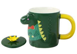 Детская керамическая чашка с ложкой и крышкой, динозавр, зеленая цена и информация | Стаканы, фужеры, кувшины | 220.lv